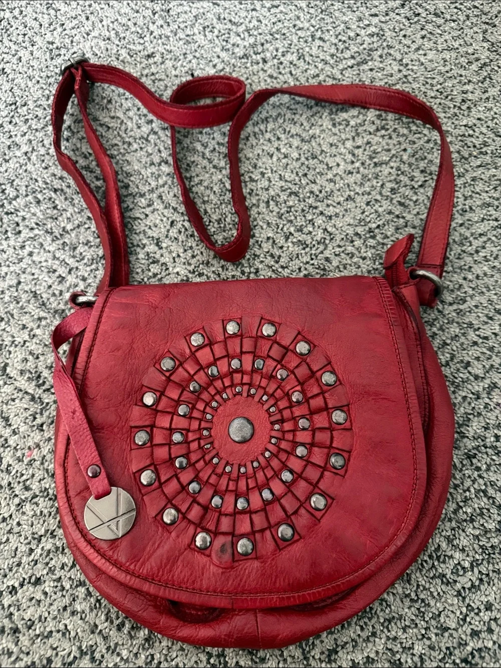 Red Studded Sunburst Detail Crossbody Bag